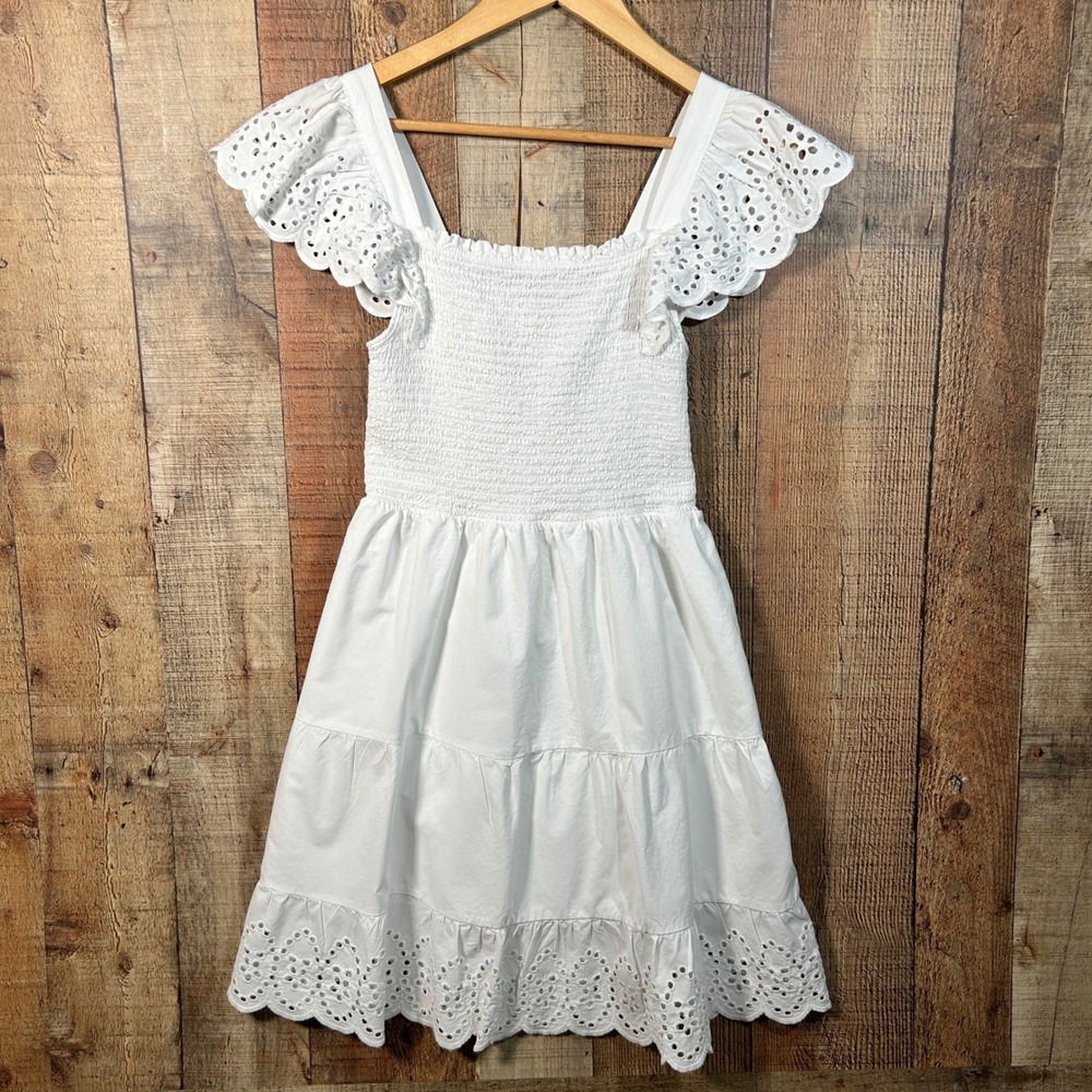 Time and Tru White Cotton Eyelet Smocked Flutter Sleeve Tiered Mini Dress S 4-6